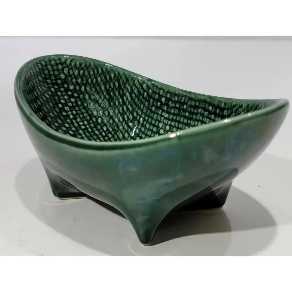 Vintage Green Glazed Textured Footed Mid Century Mod 7” HullI USA Dish 1950s mcm